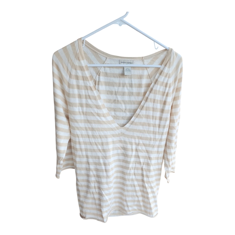 GAP Tan and White Fitted 3/4 Sleeve Blouse